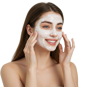 A smiling woman applying a white facial mask, touching her face. isolated on a transparent background, png, cutout