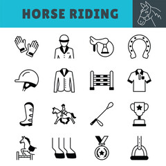 Horse Riding icons representing horse riding activities with riders, saddles, and galloping horses.
Perfect for equestrian apps, sports guides, or farm-related content in a clean, line style.