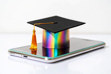 Black Graduation Cap Gold Tassel on Rainbow Smartphone