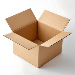 An open cardboard box with flaps extending outward on a plain white background in a studio setting