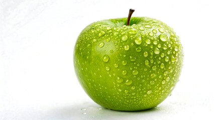 Fresh green apple with water droplets on white background for healthy food and nutrition concept