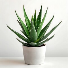 A vibrant aloe vera plant in a white pot against a clean white background in a studio setting