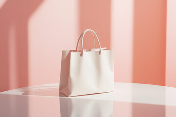 Elegant white handbag on glossy surface with soft pink background and shadows