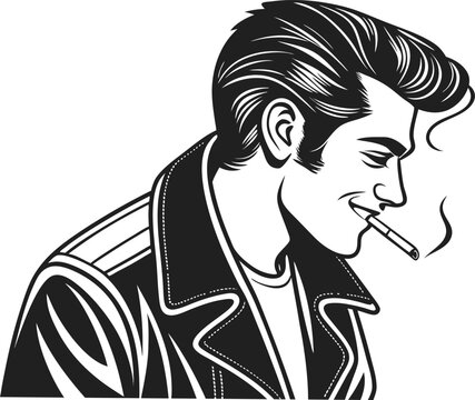 Vector art of a cool greaser with a leather jacket smoking a cigarette in a retro vintage style isolated on white background