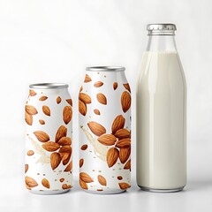 Three containers of almond milk: two aluminum cans and one glass bottle on a white background