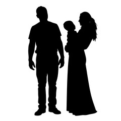 Silhouette of a family with a mother holding a child and father standing nearby, symbol of parenthood, care, love, unity, and family bond
