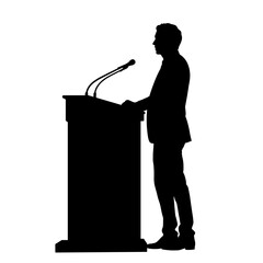 Silhouette of speaker at podium giving presentation shows man at lectern. Silhouette of speaker at podium giving presentation describes person delivering speech or lecture into microphone