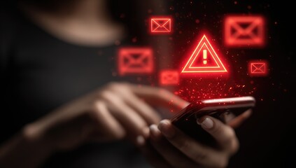 Close-up of hands holding phone, email alerts, warning signs