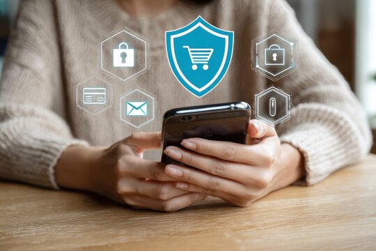 Woman using phone, security icons overlay