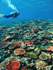 A scuba diver explores a vibrant coral reef teeming with colorful marine life beneath clear blue ocean waters.