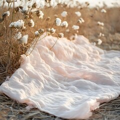 Peach Linen Fabric Draped on Dried Flowers Field