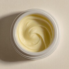 Creamy, light-yellow facial moisturizer in white jar, top-down view