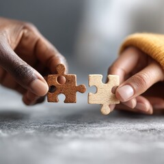Two hands, one brown, one light, hold puzzle pieces