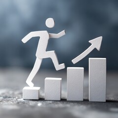 A person figure climbs a white bar graph, symbolizing progress