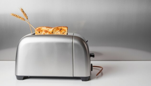 Toaster on kitchen counter browning bread, with wheat stalks placed for decoration