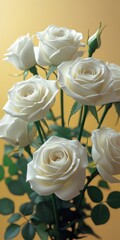Fototapeta premium Elegant bouquet of white roses with green leaves on a soft yellow background