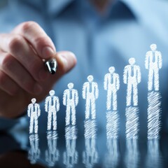 Hand drawing a growing line of business figures on a reflective surface