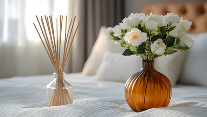 Scented Reed Diffuser in a Lavish Hotel Suite with Soft Bedding and Refined Ornamentation, reed fragrance diffuser in an upscale accommodation environment 97857632 2