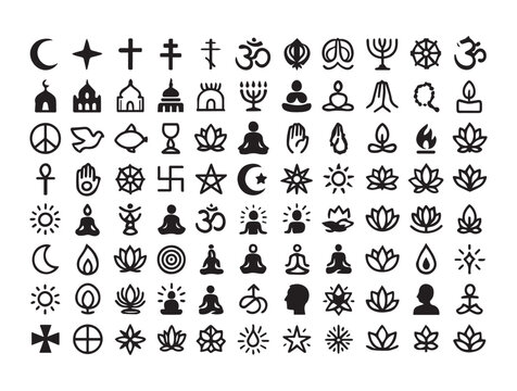 100 religion icons set such as adhan call, arabian magic lamp, arabic lamp, assr, buddhist monk, christianity, taoism, monastery, lamb pack vector 