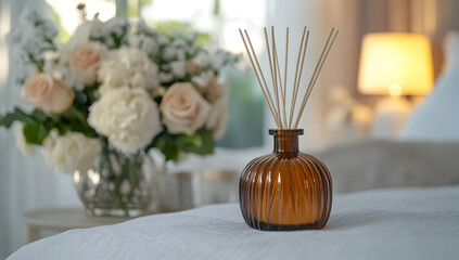 Fragrant Bamboo Stick Diffuser in an Opulent Hotel Suite Featuring Luxurious Linens and Sophisticated Interior Design, scented stick diffuser in a high-end lodging ambiance 74893752 3