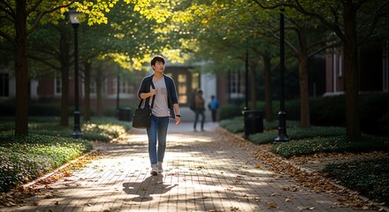 Fototapeta premium Serene Autumn Stroll: Young Man Walking on a Sun-Dappled Brick Path