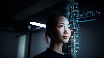 Illustrating the future of work, a creative professional collaborates with an AI partner, visualized as a responsive, light-based interface that augments her design process.

