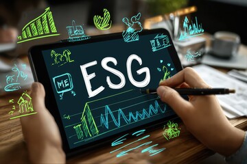 Hands holding tablet with ESG concept, surrounded by graphs and icons