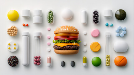 Colorful arrangement of a hamburger surrounded by various pills, capsules, and food additives, highlighting the contrast between natural and synthetic elements in modern cuisine and health