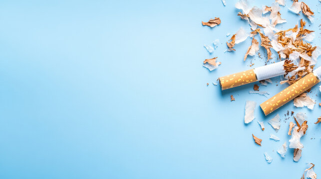 Broken cigarettes and scattered tobacco on a pastel blue background symbolizing quitting smoking and tobacco addiction awareness