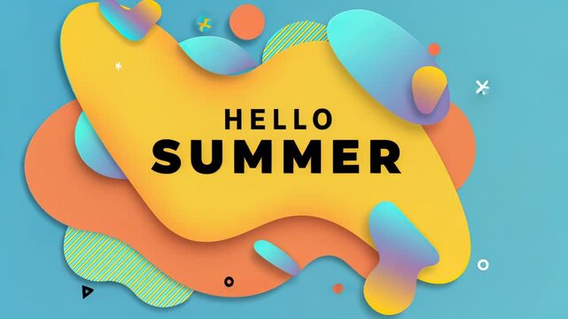 Vibrant hello summer animation with dynamic shapes in colorful blue and yellow palette
