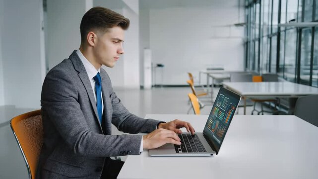 Businessman uses capable laptop computer to analyse business data analytic for marketing strategy and customer relationship management