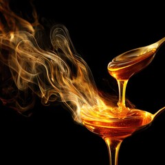 Golden honey pours from spoon, surrounded by dramatic smoke