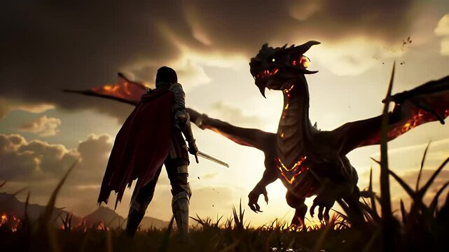 Warrior in Red Cape Facing a Lava Dragon on Grassy Field at Sunset Light