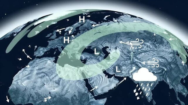 Weather System Analysis Displayed on Animated Pixelated Earth Globe with Wind Patterns and Atmospheric Pressure