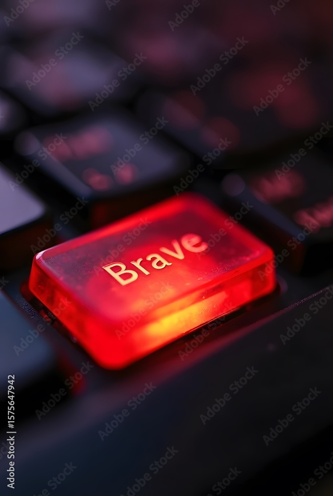 Fototapete a glowing red keyboard button displays the word brave, vertical composition. this striking closeup i