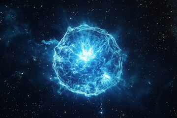 Glowing blue energy sphere radiating intense light in deep space, surrounded by countless distant stars and cosmic dust, representing powerful astronomical or scientific phenomenon