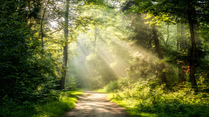 Obraz premium Sunlit forest path with golden rays through trees, a serene nature escape