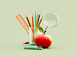 Apple and school accessories on green background. Ready for school concept design. 3D Rendering, 3D...