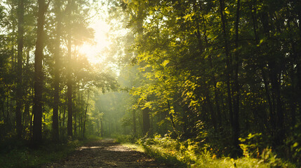Obraz premium Sunlit forest path with golden rays through trees, a serene nature escape