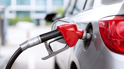 Close-up view of fuel nozzle pumping gasoline into silver car at modern gas station, automotive refueling and energy concept