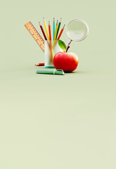 Apple and school accessories on green background with copy space. Ready for school concept design. 3D Rendering, 3D Illustration