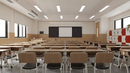 Modern Classroom Interior Design with Desks and Chairs - 3d Rendering