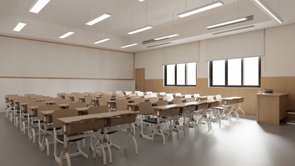 Modern Classroom Interior Design with Desks and Chairs - 3d Rendering