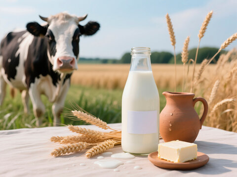 Fresh milk in glass bottle, butter on wooden plate, and clay jug on table with wheat stalks, while a cow grazes in the background, showcasing rural dairy farming - Powered by Adobe