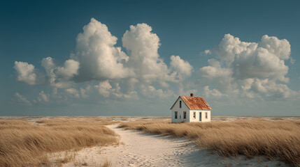 Remote solitary white house with red roof in open field under cloudy sky du daytime