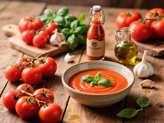 Fresh tomatoes, basil leaves, garlic, and olive oil arranged around a bowl of vibrant tomato soup on a rustic wooden table, showcasing a delicious culinary scene
