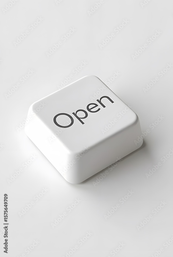 Poster a single white button with the word open, vertical composition. clean design and minimalist aestheti