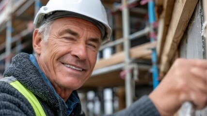 A smiling construction worker in a hard hat and safety vest inspects a building, representing experience and dedication in the building industry.