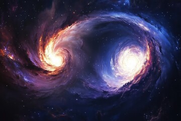 Obraz premium Abstract cosmic scene featuring two swirling galaxies with vibrant orange and blue hues forming spiral shapes in deep space, stars scattered throughout vast dark background