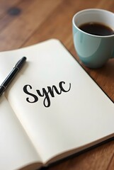 Stylish notebook open to a page with the word Sync written in elegant calligraphy, vertical composition. A teal coffee mug and pen complete this image perfect for productivity or organization.
